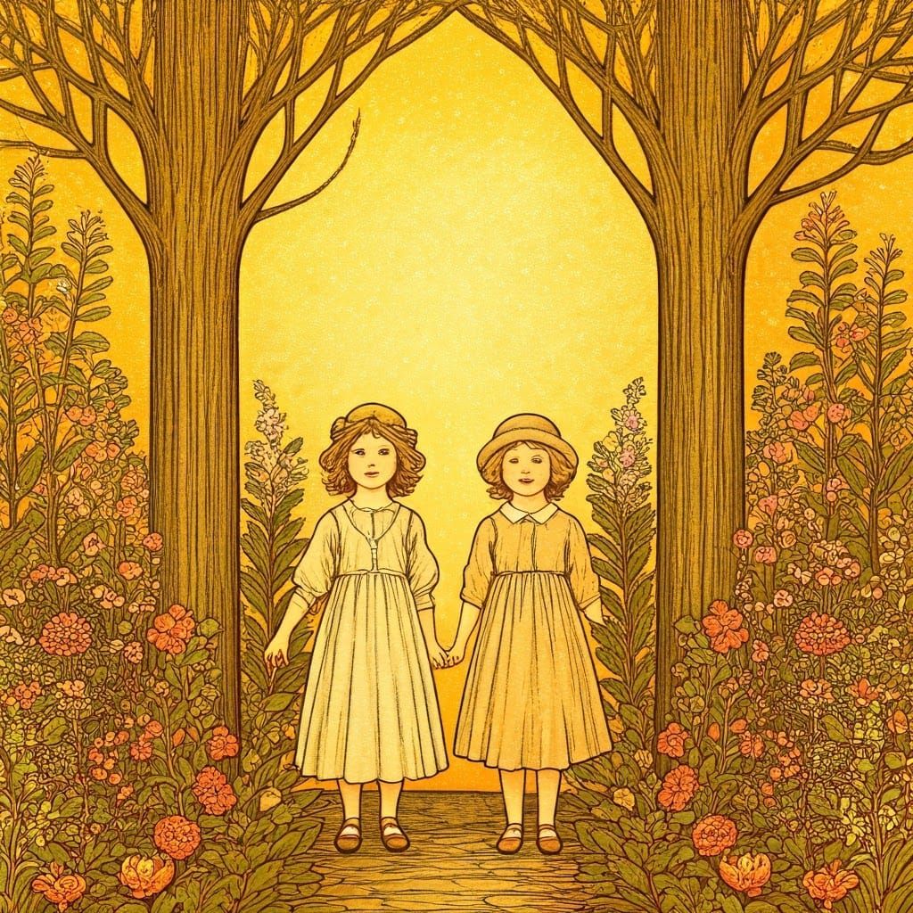 1920s children's book, a stylised sun shining down on a garden where children are playing