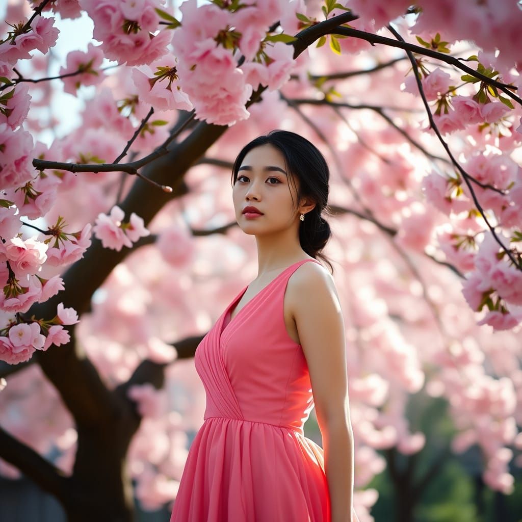 Elegant Young Woman Under Cherry Blossom Tree in Cinematic S...