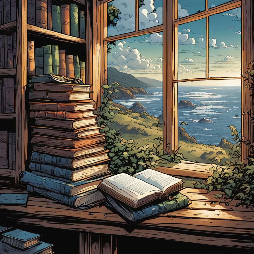 Books on Cottage Windowsill in Comic Book Style