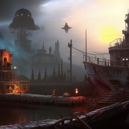 An abandoned submarine with shattered windows and strange symbols painted on the walls