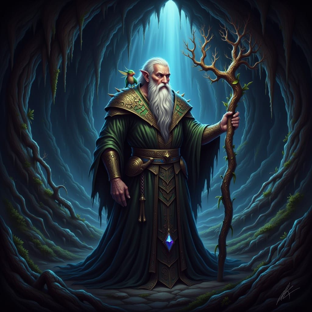 Ancient Wizard and Dragon in Dimly Lit Cave