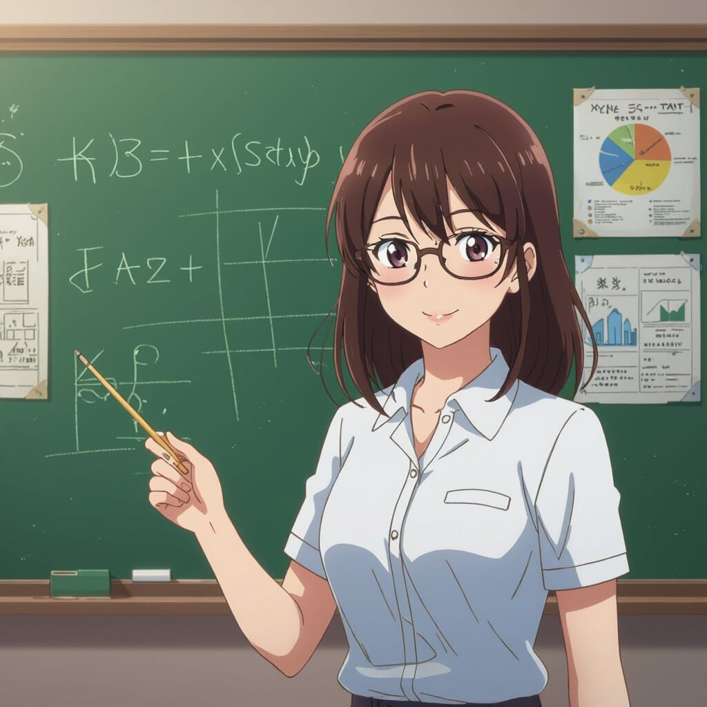 Anime Teacher with Pointer in Classroom