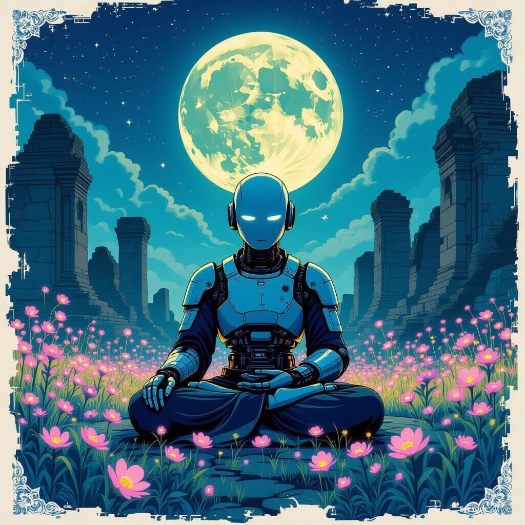 Robot Monk Meditating Under Dual Moons
