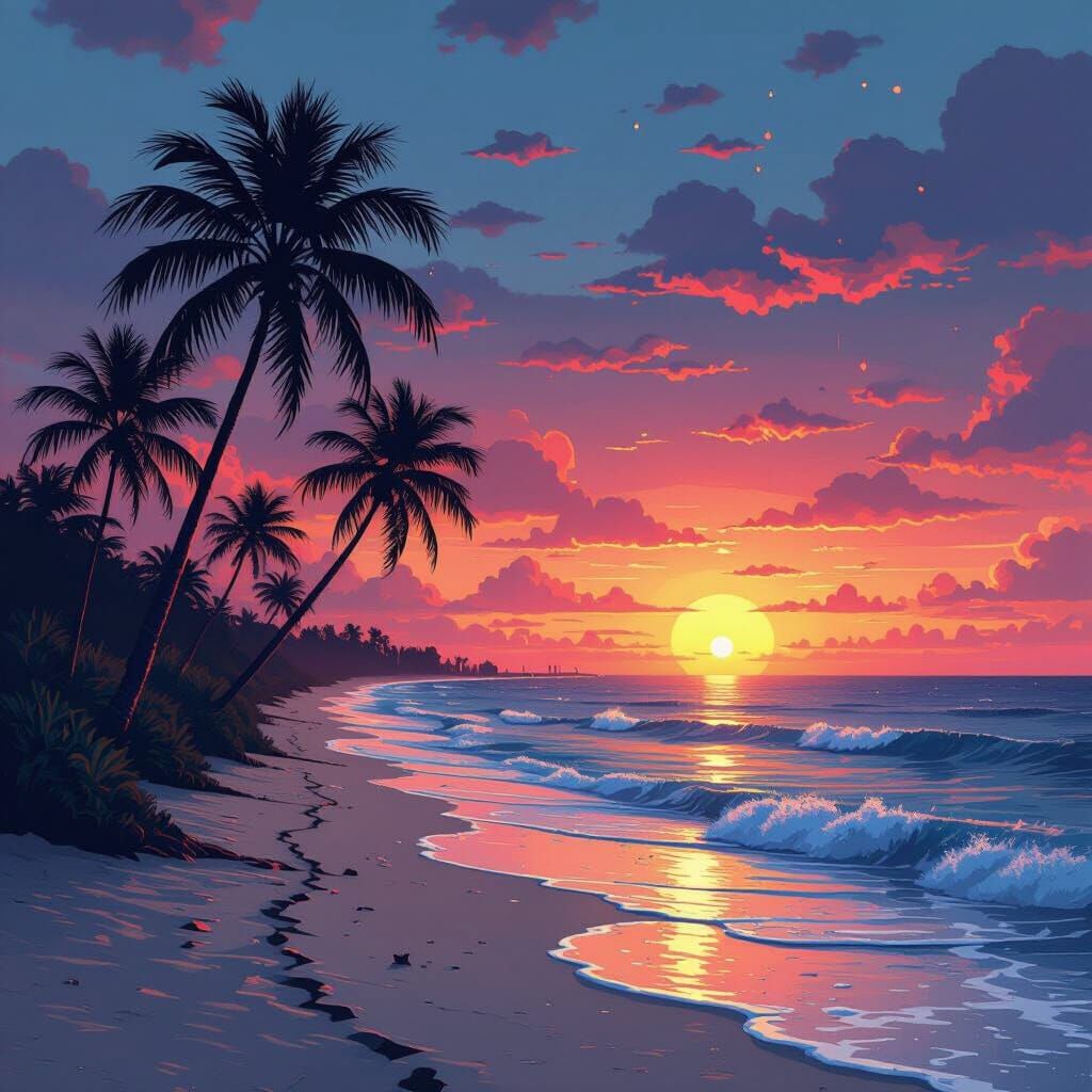 Vaporwave ASCII Art: Miami Beach at Dusk