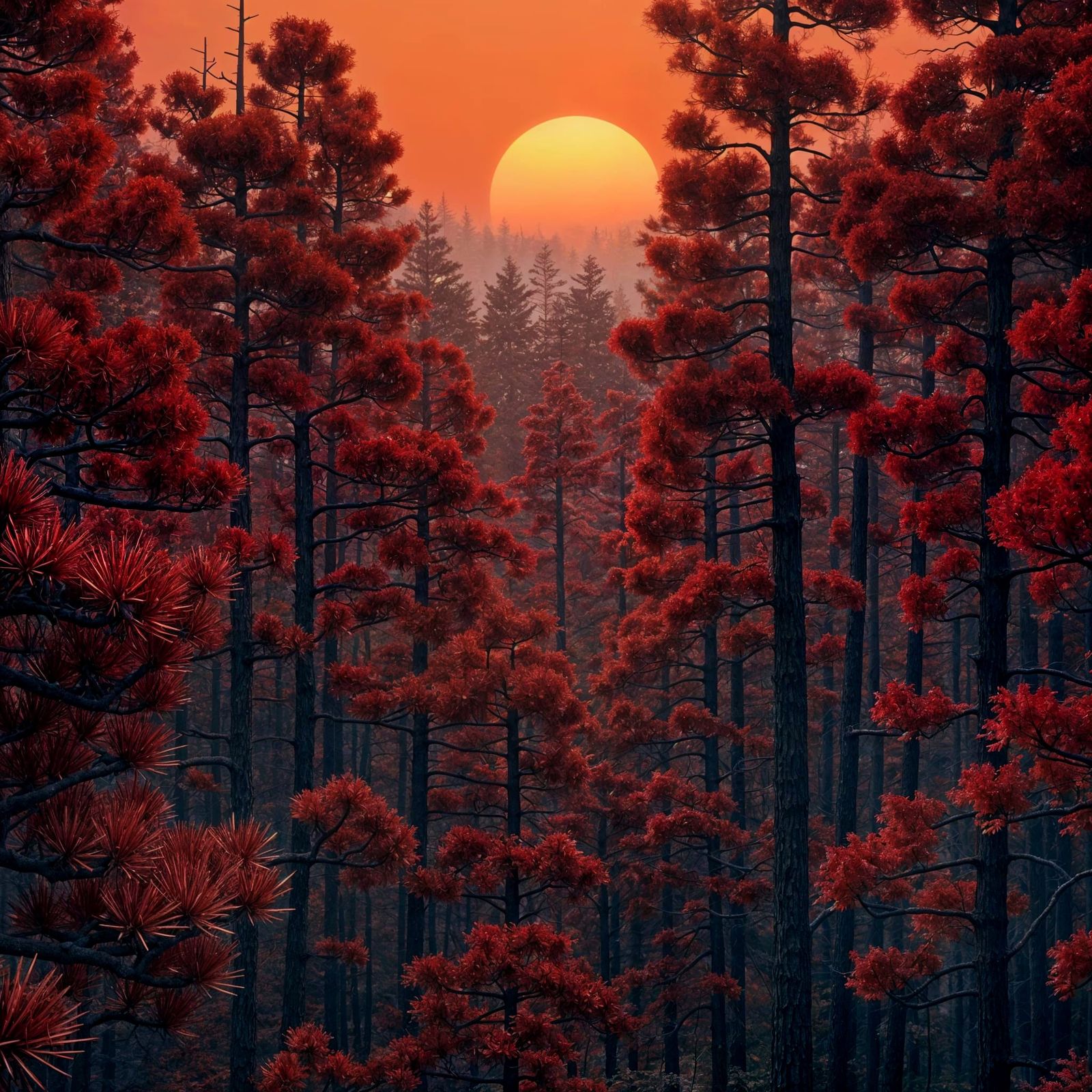 Red Forest Sunset in Epic Digital Art