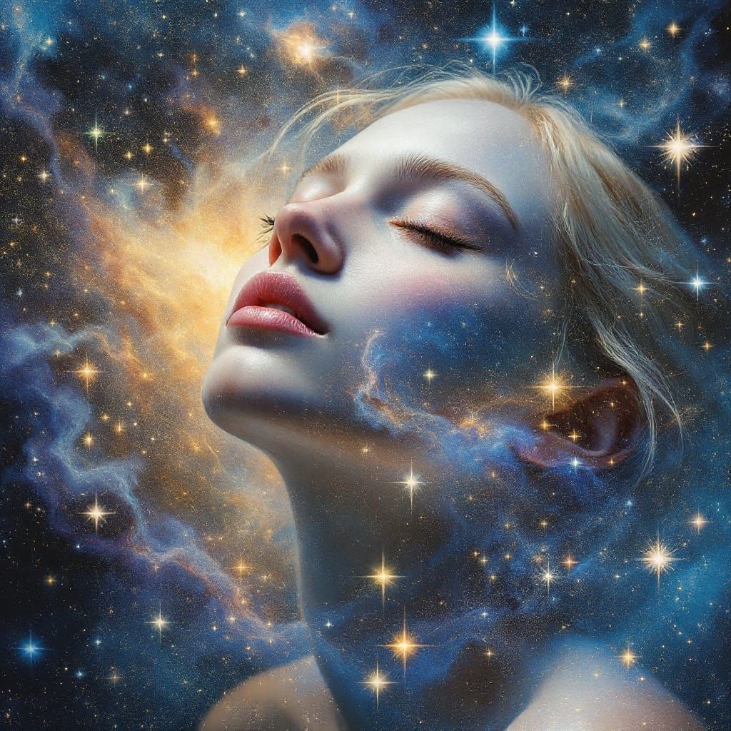 Serene Astral Goddess Reflects Cosmos in Shimmering Glow