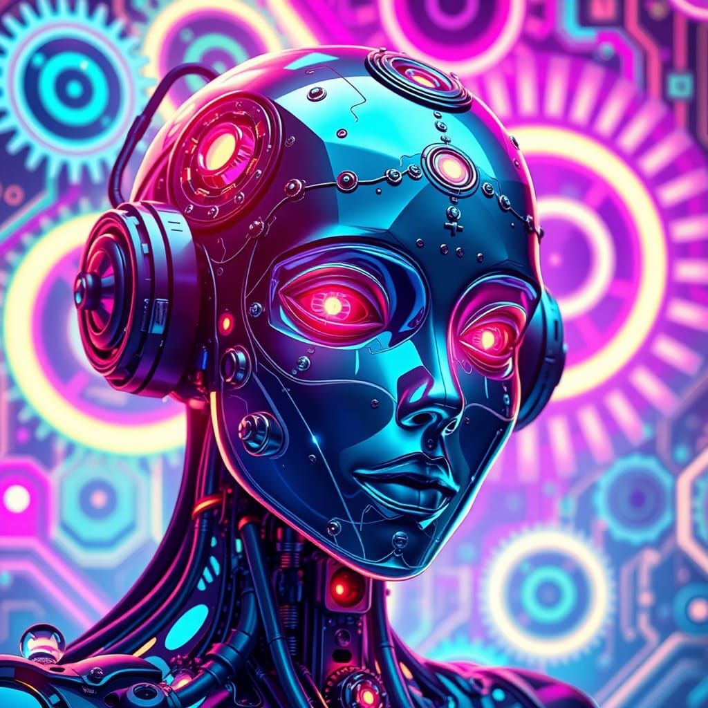 Glass Robot Head in Neon Cyberpunk Style