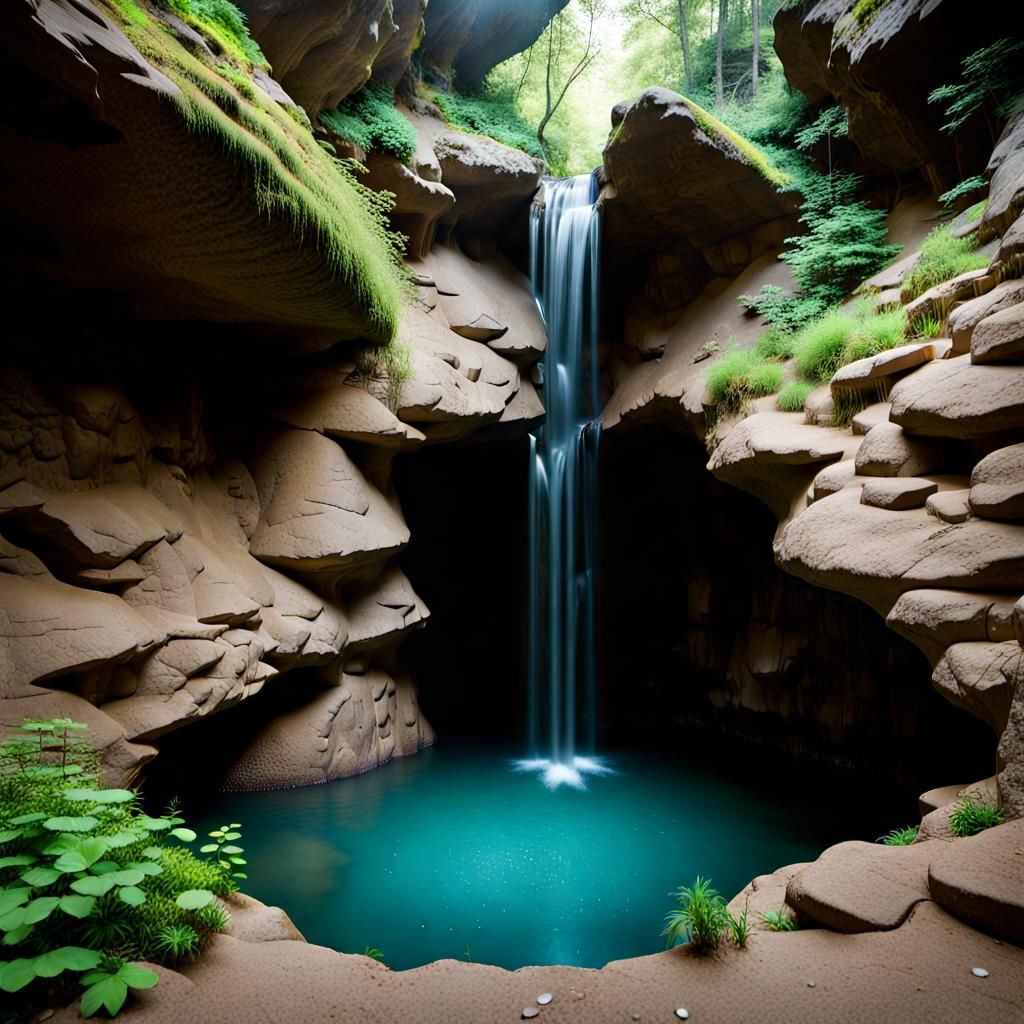 a small cave entrance is visible behind the cascading water, hinting at a secret chamber.