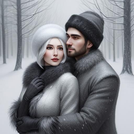 Elegant Couple Embrace in Winter Charcoal Drawing