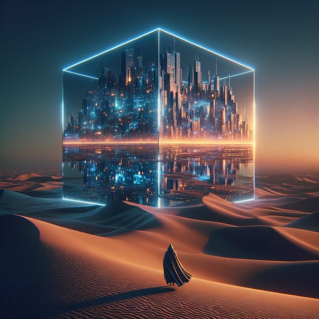 Cyberpunk City Mirrored in Desert Cube, Sci-Fi Scene