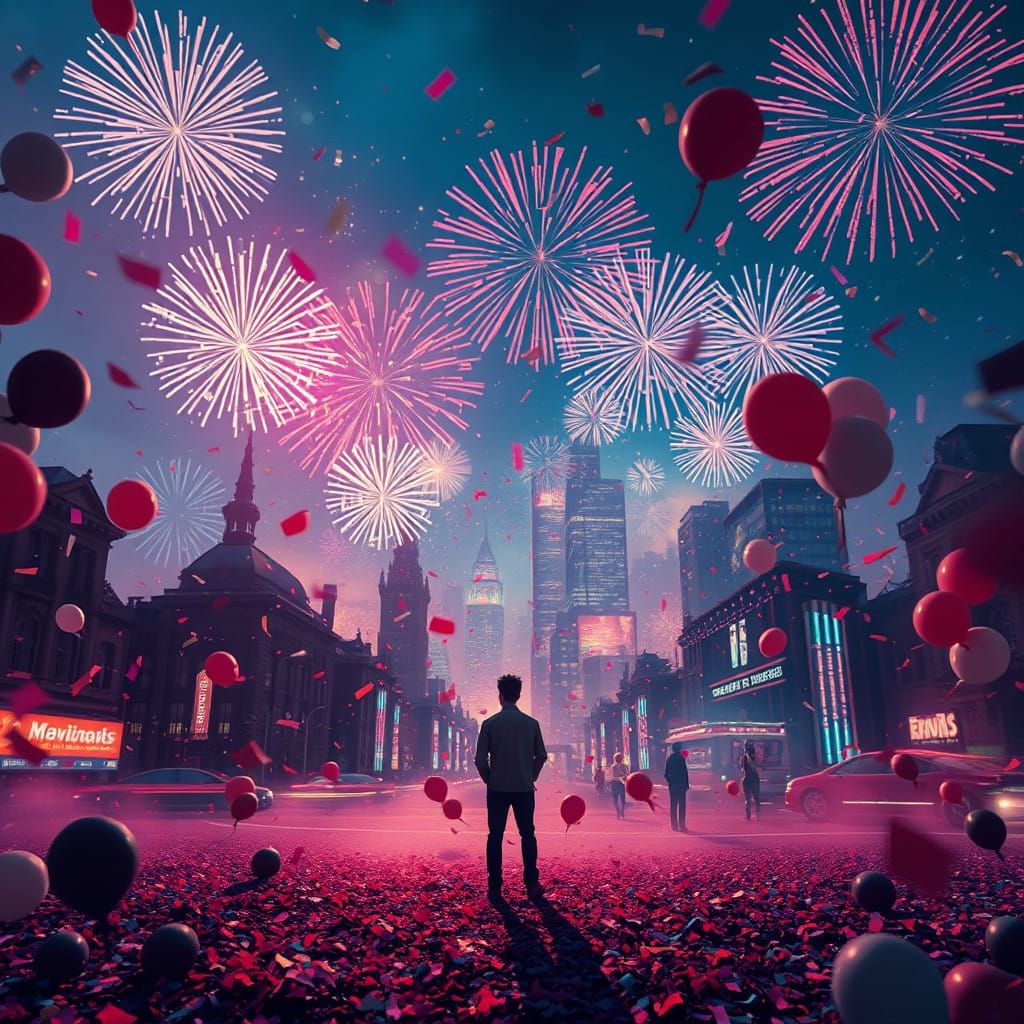 Fantasy New Year Celebration Amidst Vibrant Cityscape