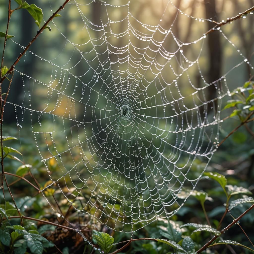 Dew-Kissed Spiderweb in Morning Forest: Digital Art