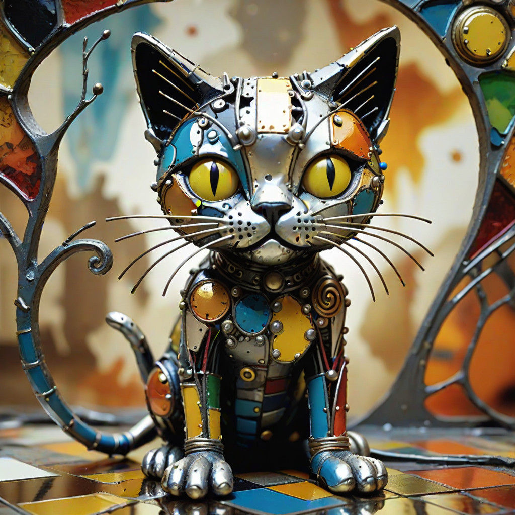 Whimsical Claymation Cat in a Melting World of Ink and Metal