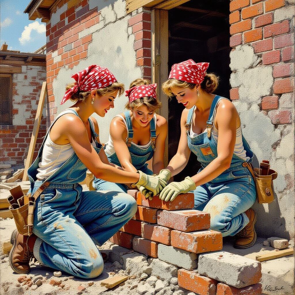 1950s Women Masons Building a Brick Wall