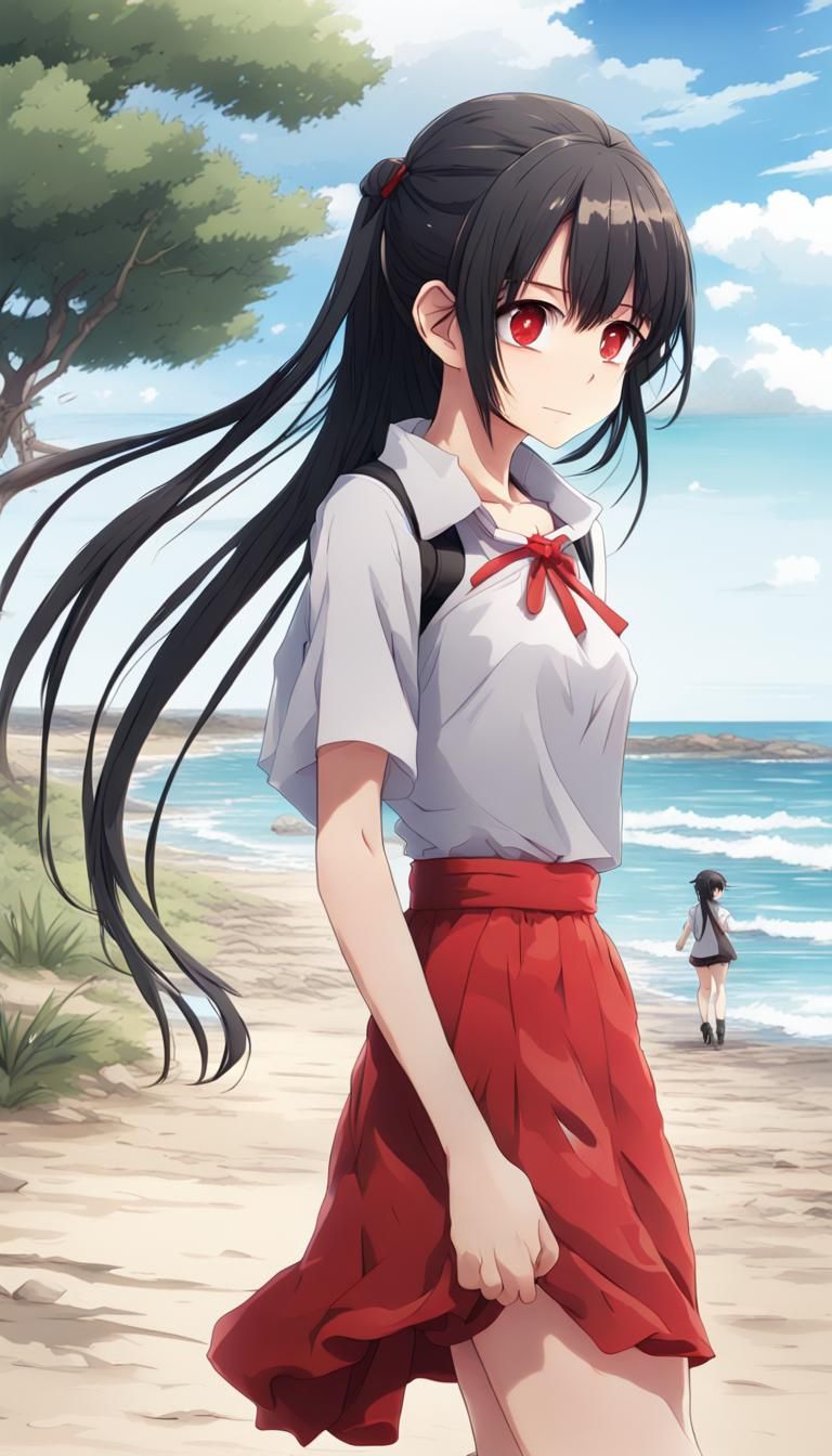 Anime Girl on Beach Road in Digital Illustration