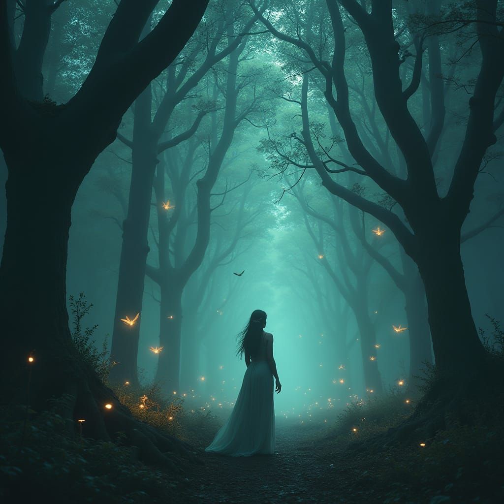 Enchanted Forest with Gemstone Trees and Mystical Woman