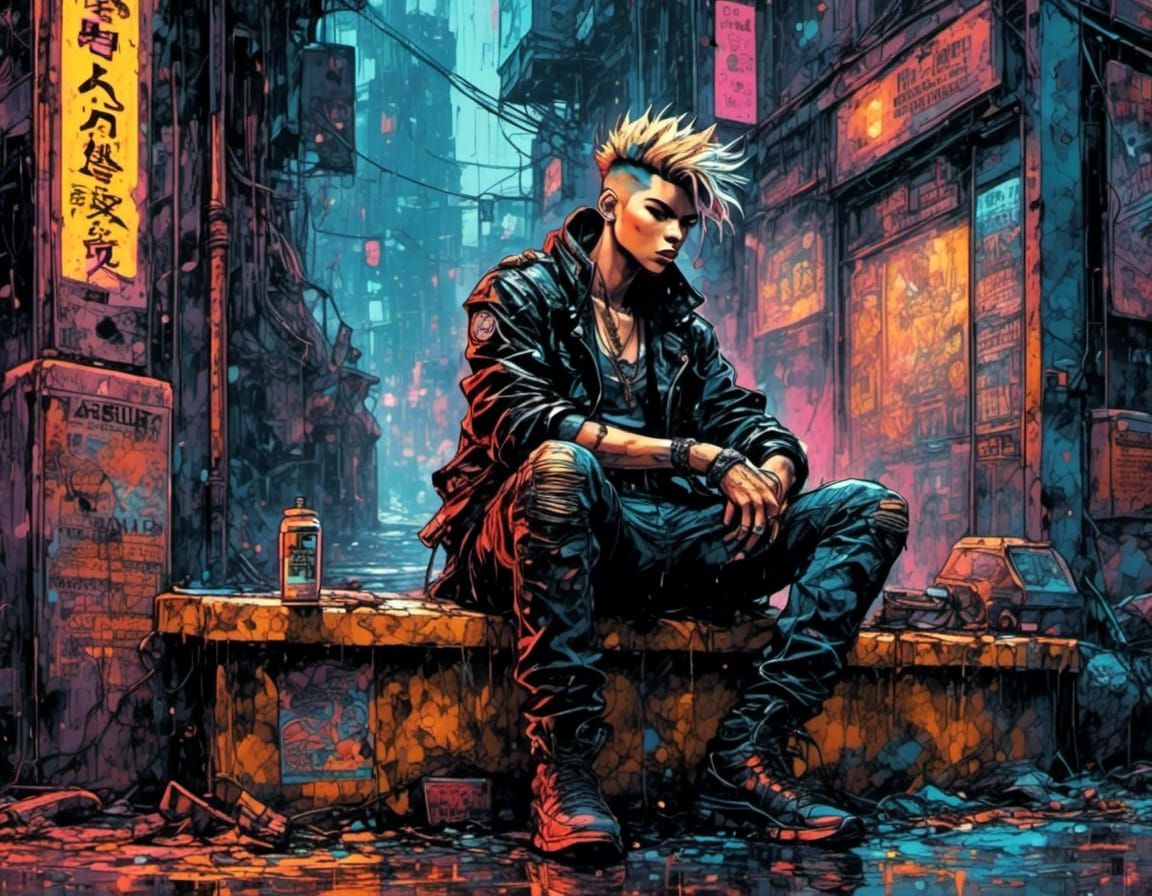 Punk in Rainy Cyberpunk Alleyway