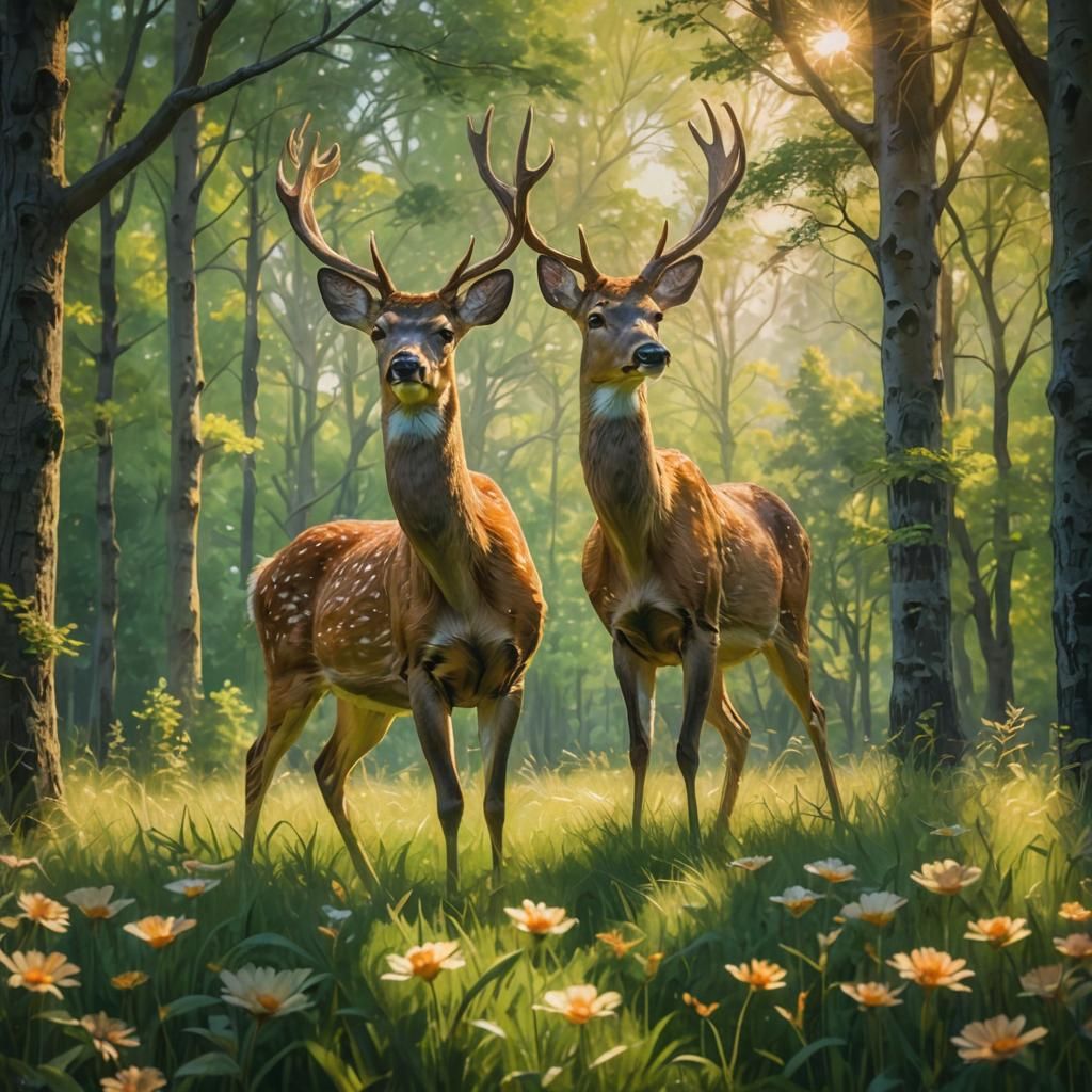 Deer in Meadow: Digital Impressionism, Golden Hour
