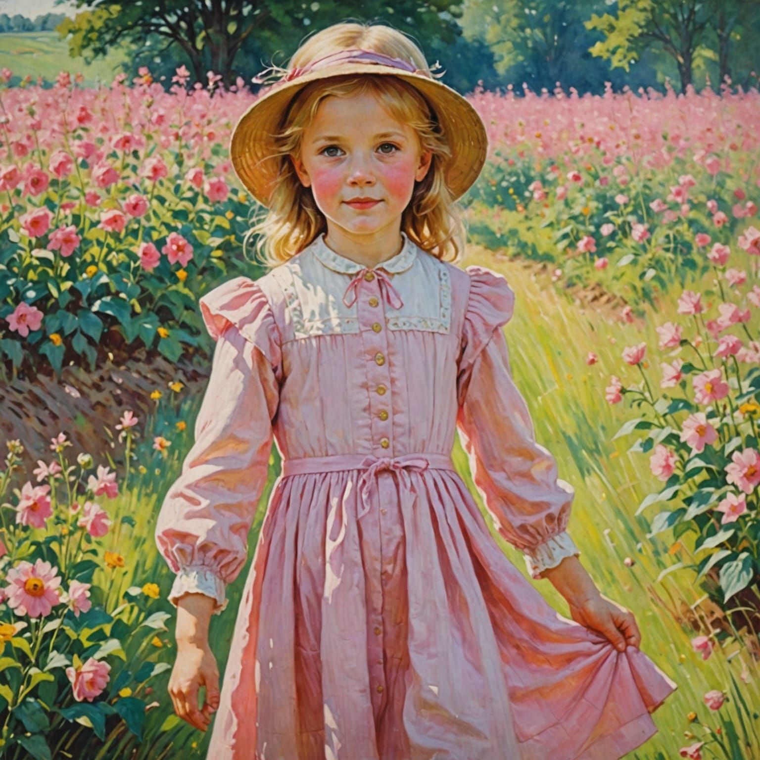 Cheerful Girl in Colorful Field, Impressionist Style
