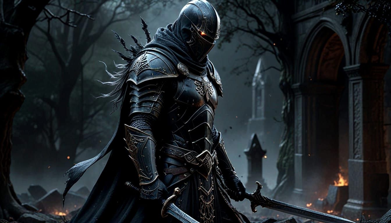 Dark Fantasy Warrior in Medieval City
