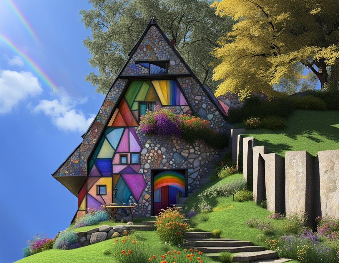 Rainbow Geometric House in Klimt and Chagall Style