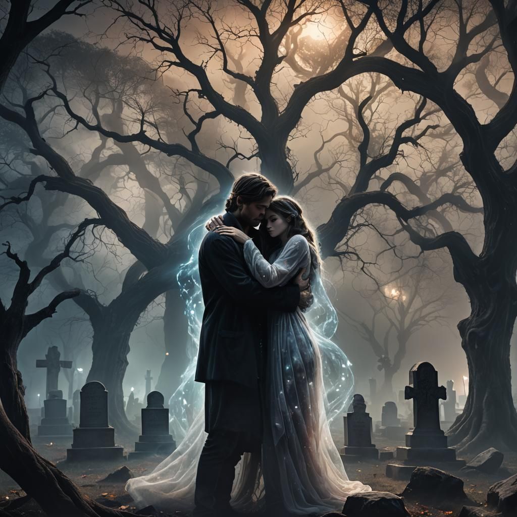Ethereal Spirit Hugs Sad Woman in Graveyard, Digital Art