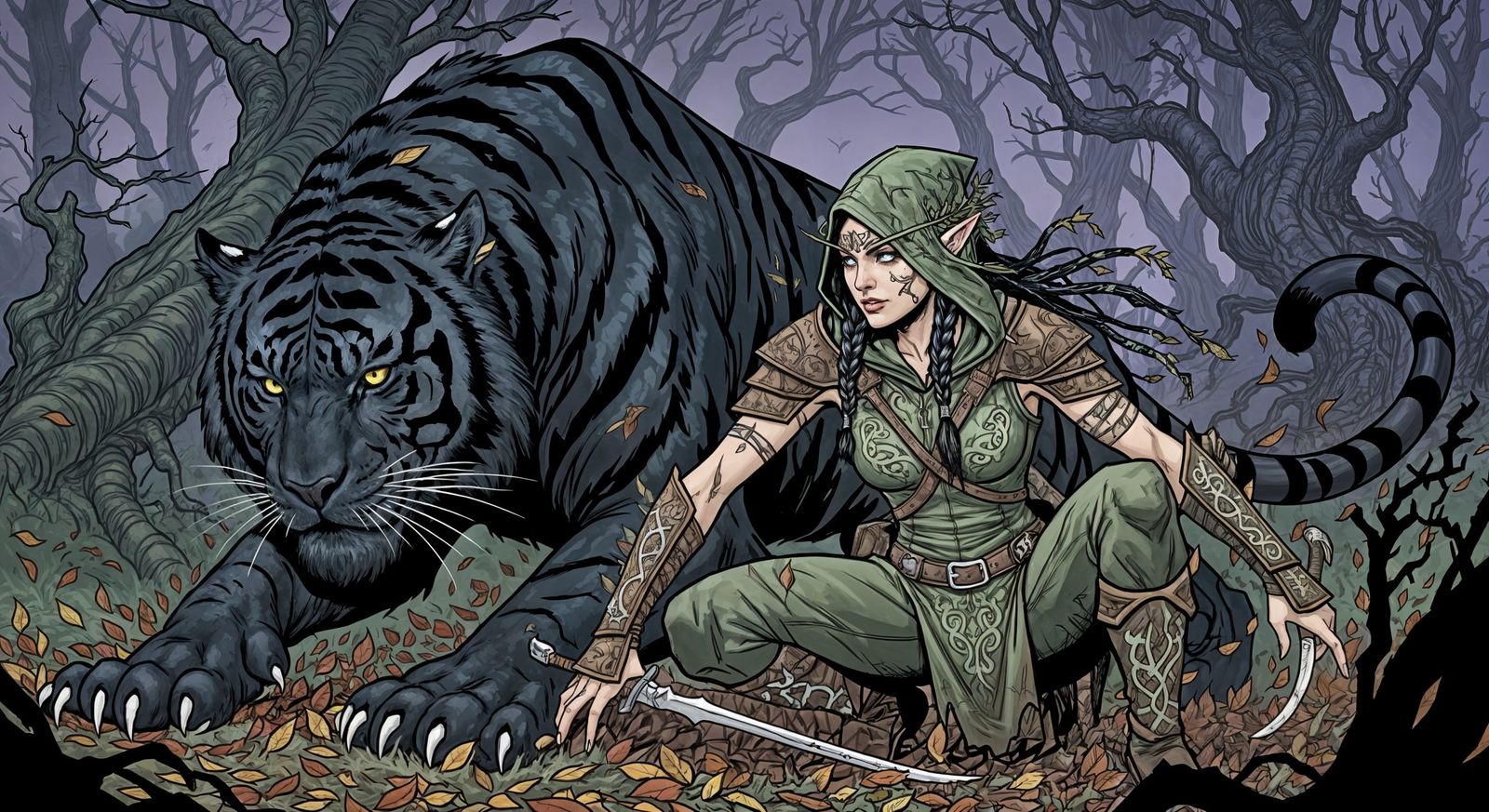Elven Ranger and Black Tiger in Pen and Ink Style