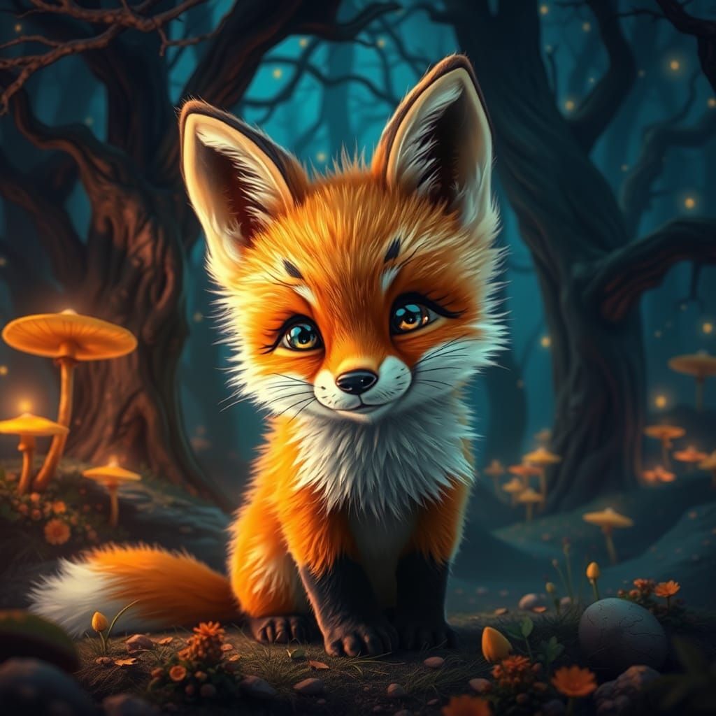 Enchanting Baby Fox in Mystical Forest: Fantasy Art