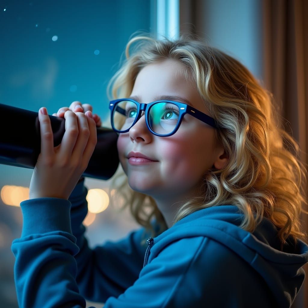 Girl Stargazing with Telescope in Hyperrealistic Portrait