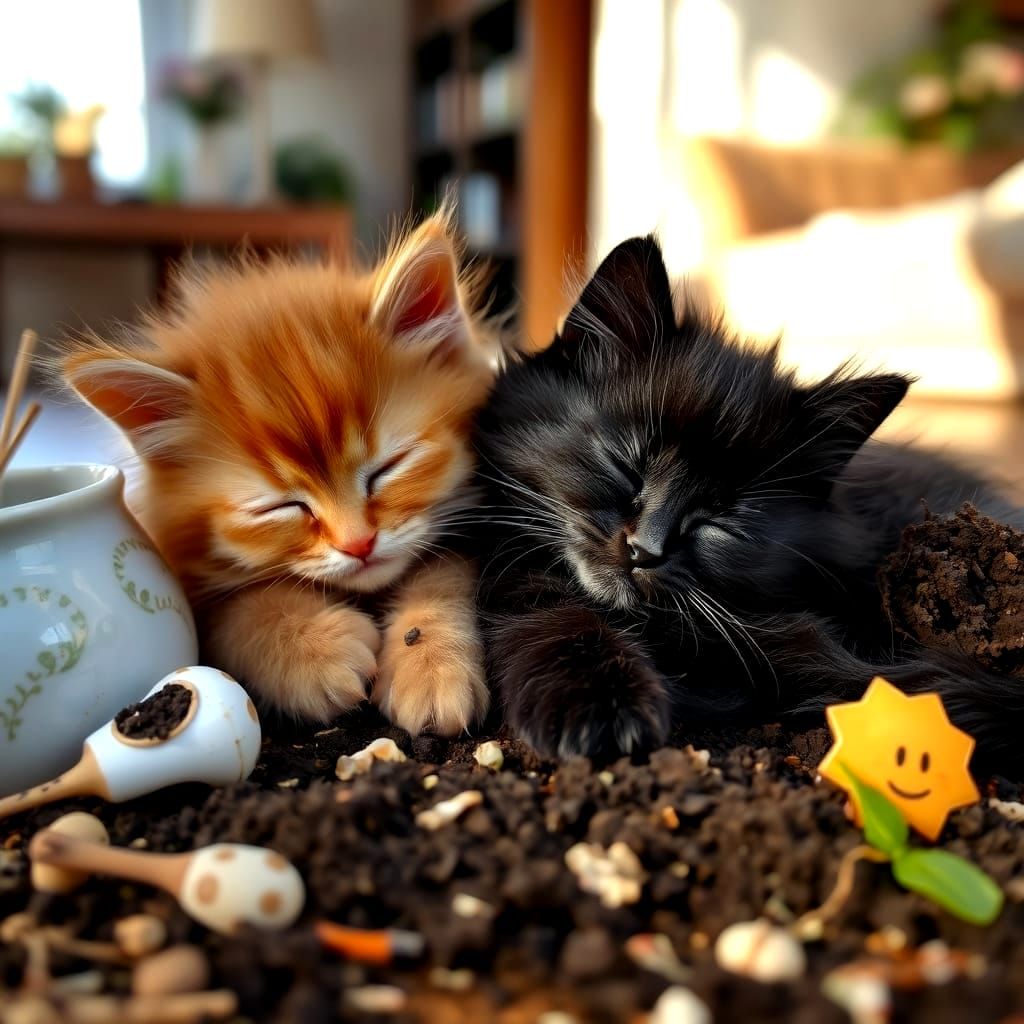 Fluffy Kittens Sleep Amidst Plant Mess