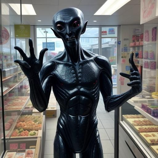 Lifesize alien figure making rude gesture in shop window causes sensation.
whitehavennews