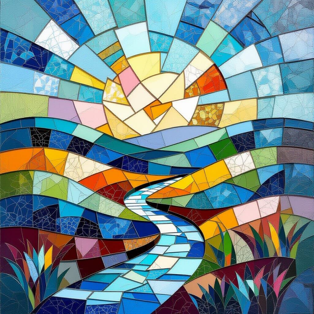 Sea Glass Landscape: Geometric Hills and River