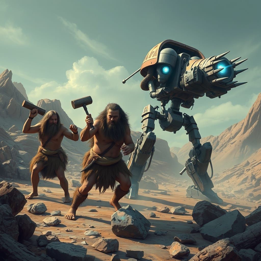 Cavemen Battle Futuristic Robots in Dystopian Landscape