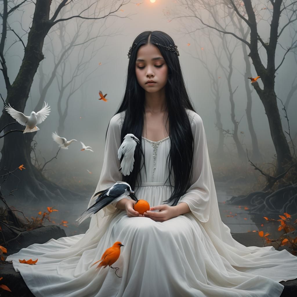 Ethereal Girl with Bird in Dreamlike Setting