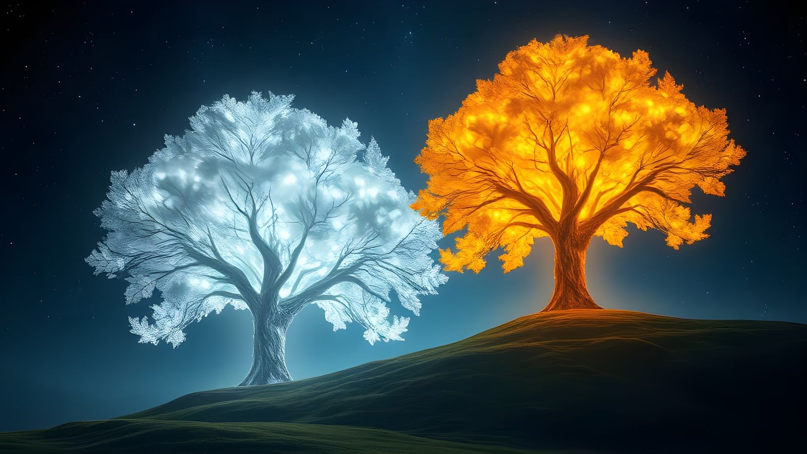 Epic Celestial Leaf Trees in a Starry Night Sky