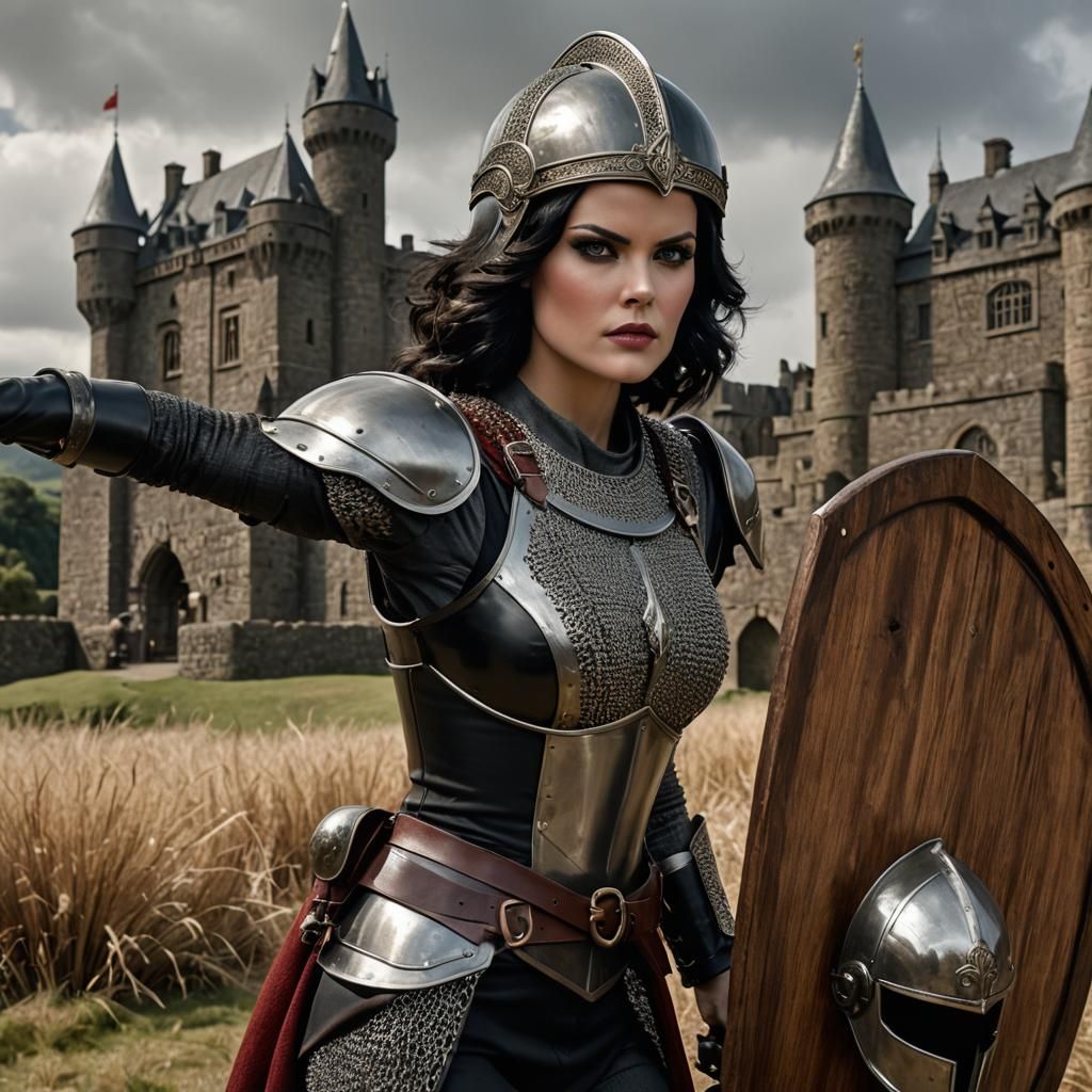 Female knight, chainmail armour, steel helmet, luxurious black 1970’s bouffant hair, black eyeshadow, red lips, sword in...