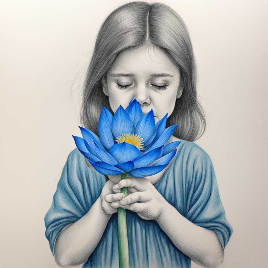 Pencil Drawing of Crying Girl with Lotus Flower