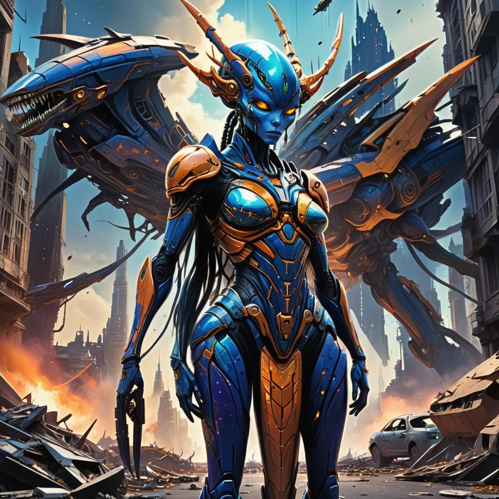 Alien Queen in Destroyed City: Manga Style