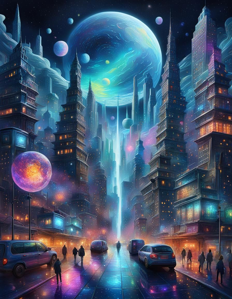 Chaotic Night City: Holographic Astral Illustration