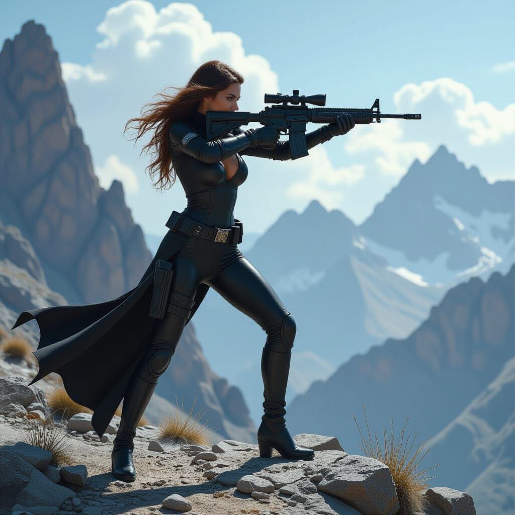 Black Widow on Mountainside: Dark Fantasy Style