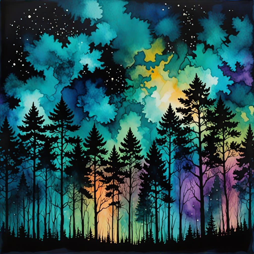 Moody Forest Night Sky in Alcohol Ink Style
