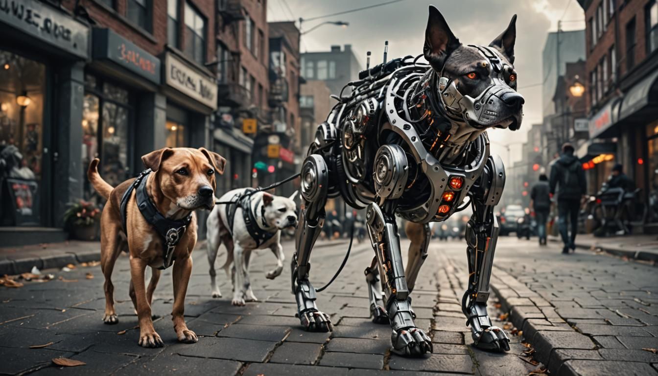 Hyperrealistic Cyborg Dog Walker in Cinematic Style