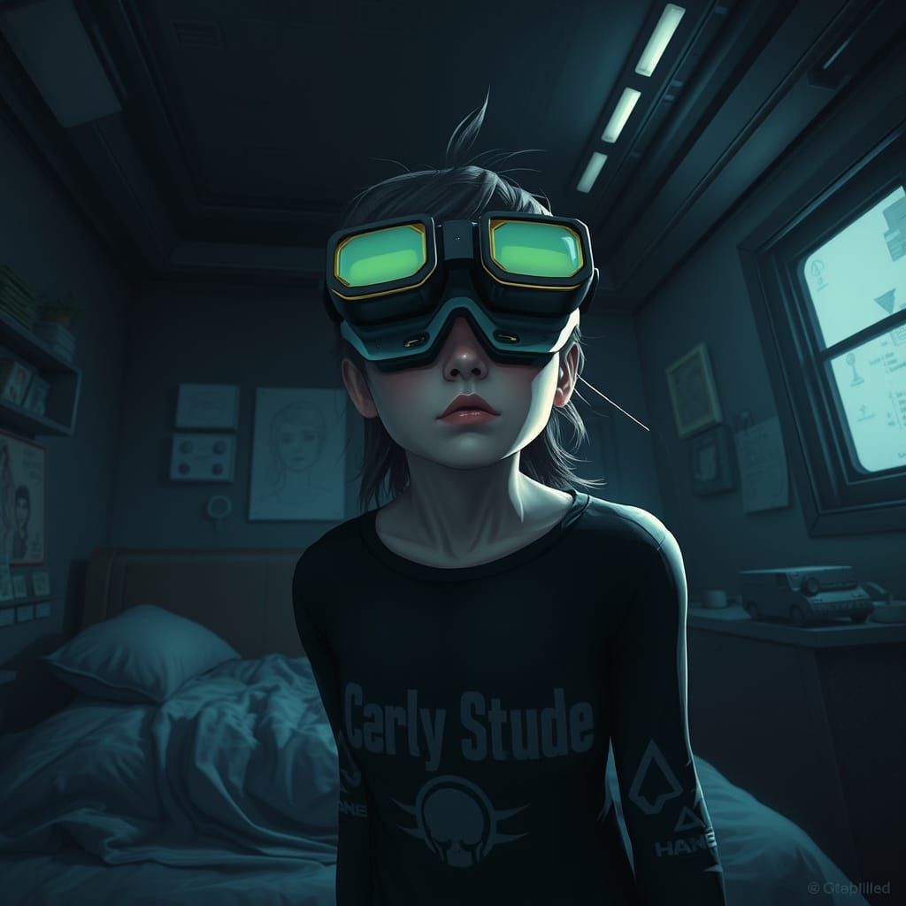 Woman with Night-Vision Goggles in Futuristic Bedroom