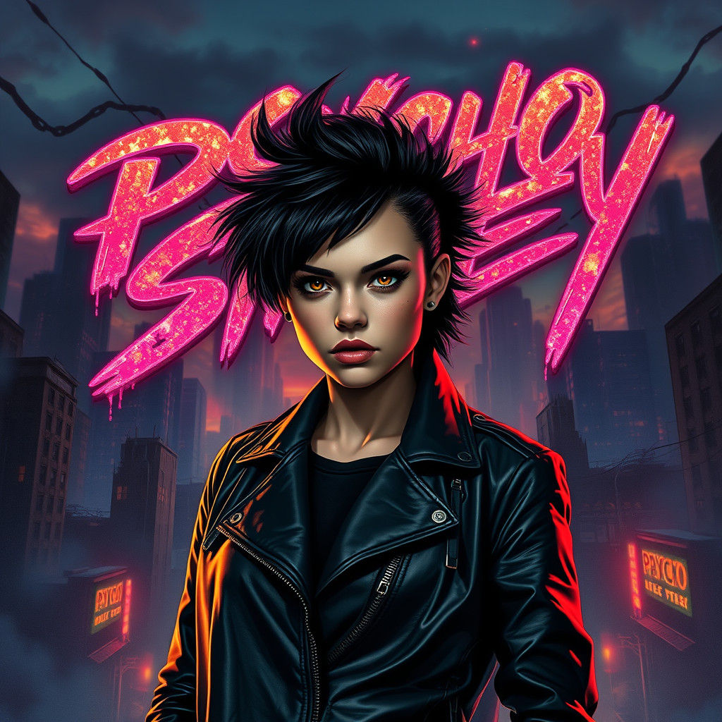 Psycho Stacey: Edgy Woman in Dystopian Cityscape