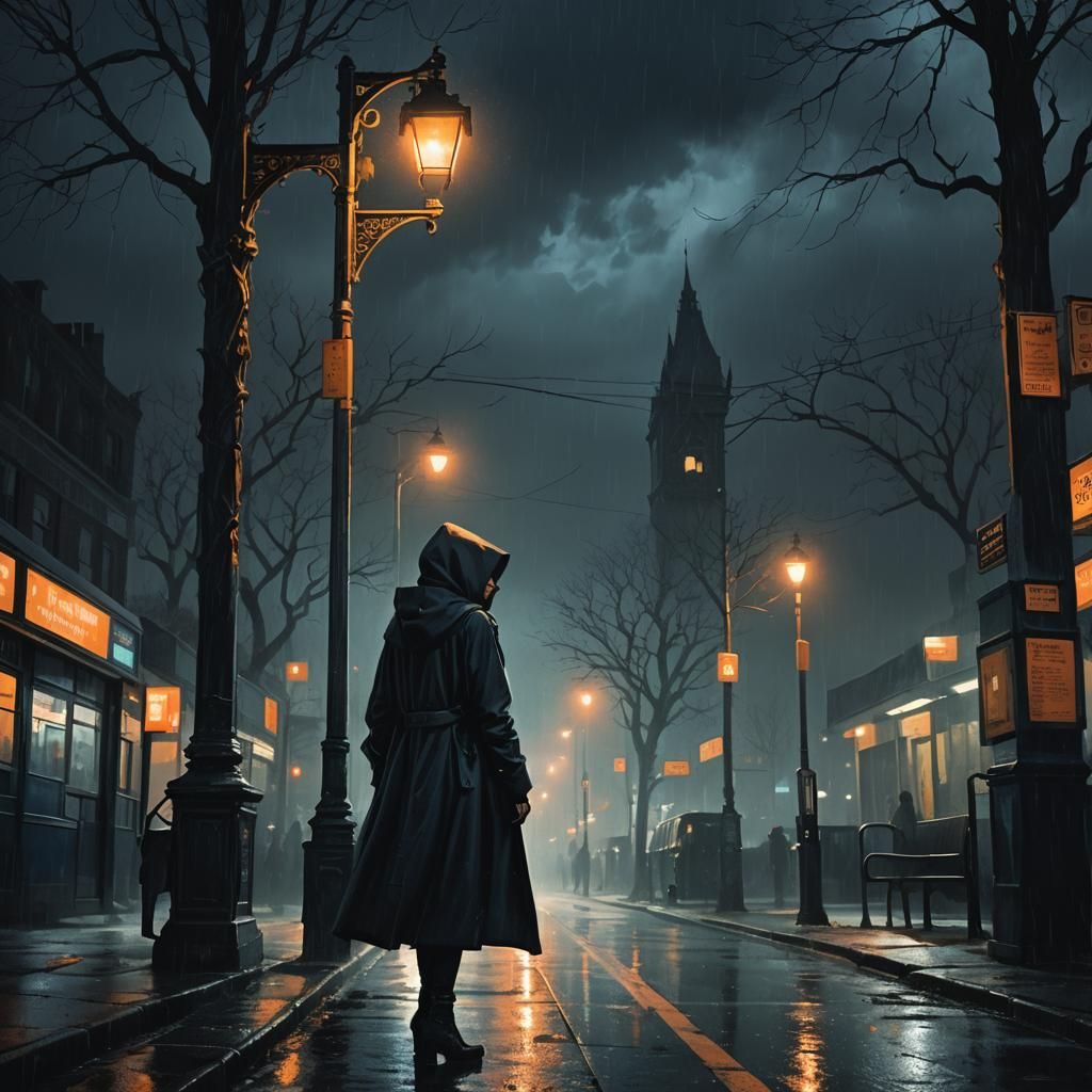 Mysterious Woman at Bus Stop in Dark Fantasy Style