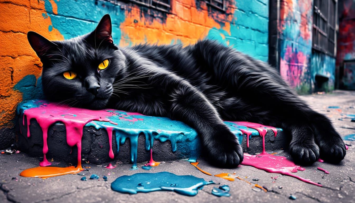 Sleeping Black Cat on Thighs in Graffiti Art Style