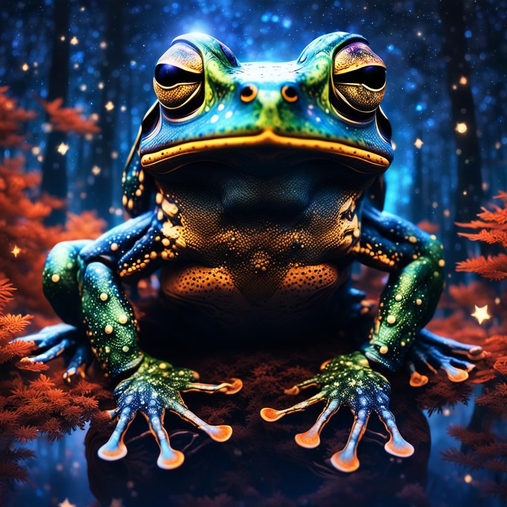 Shaman Frog in Starry Forest: Digital Illustration