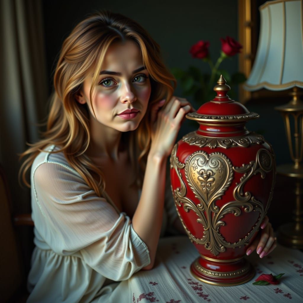 Sorrowful Widow in Mourning Beside Husband's Cremation Urn