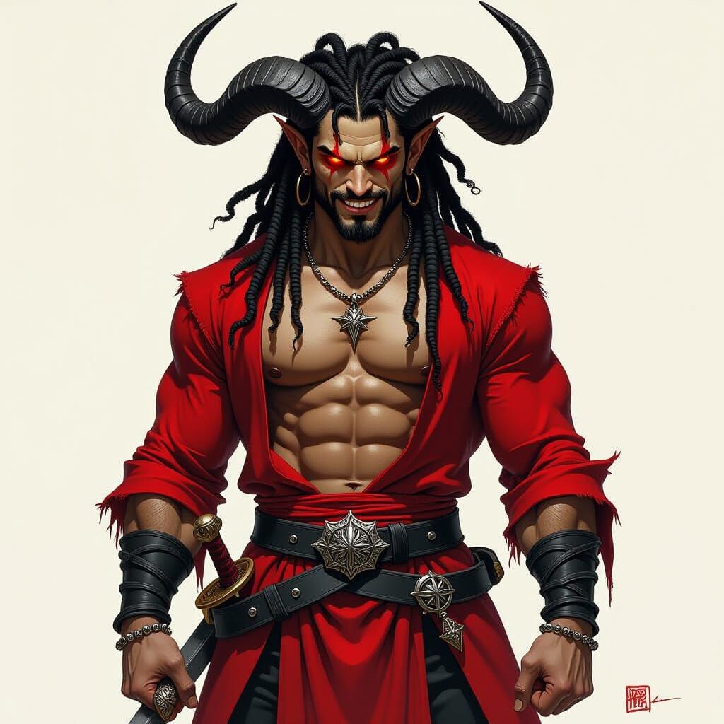 Dark Fantasy Demon Lord with Fiery Eyes and Crimson Robe