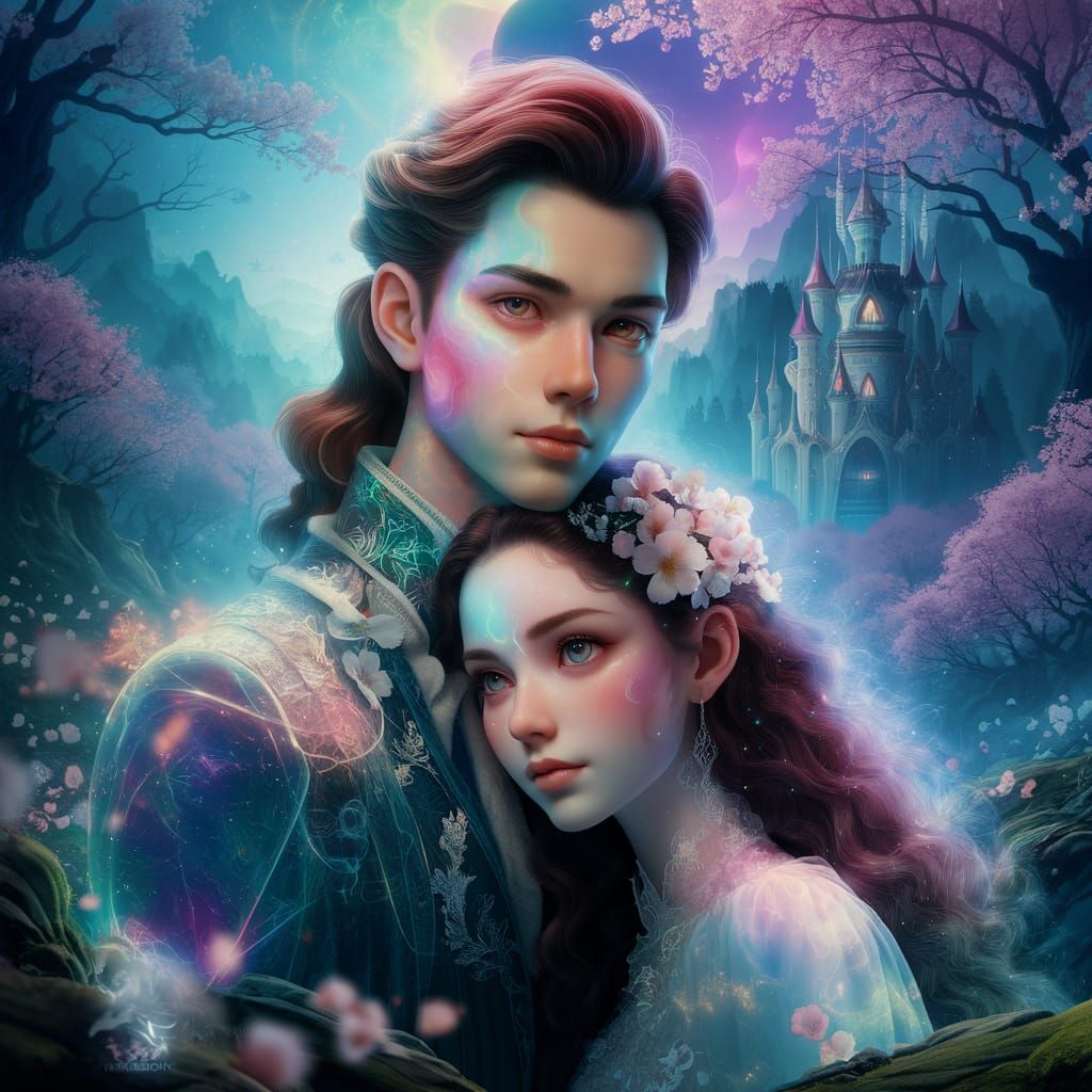 colorful Pencil sketch of A beautiful young couple in a myst...